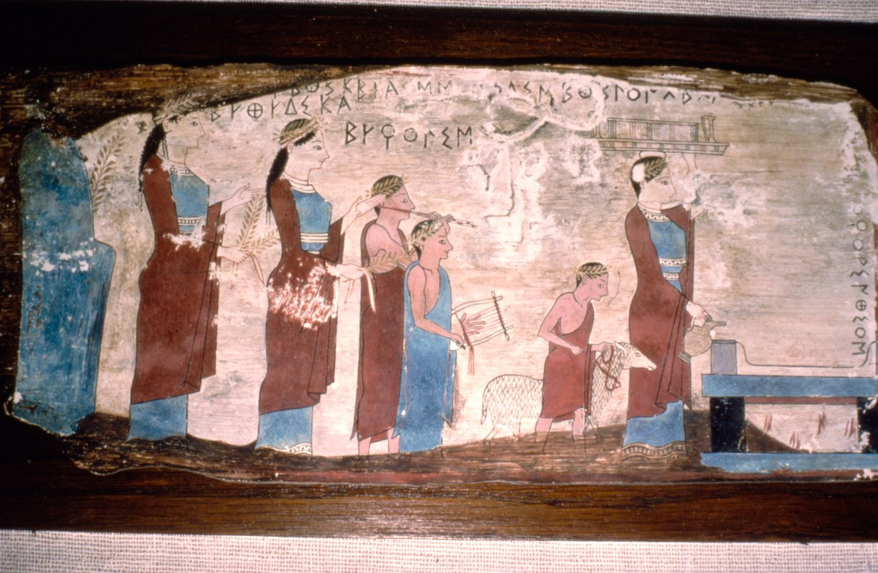 बलिदान के समय यूनानी संगीतकार, लकड़ी पर चित्रित, c520BC-c500 ईसा पूर्व द्वारा अज्ञात