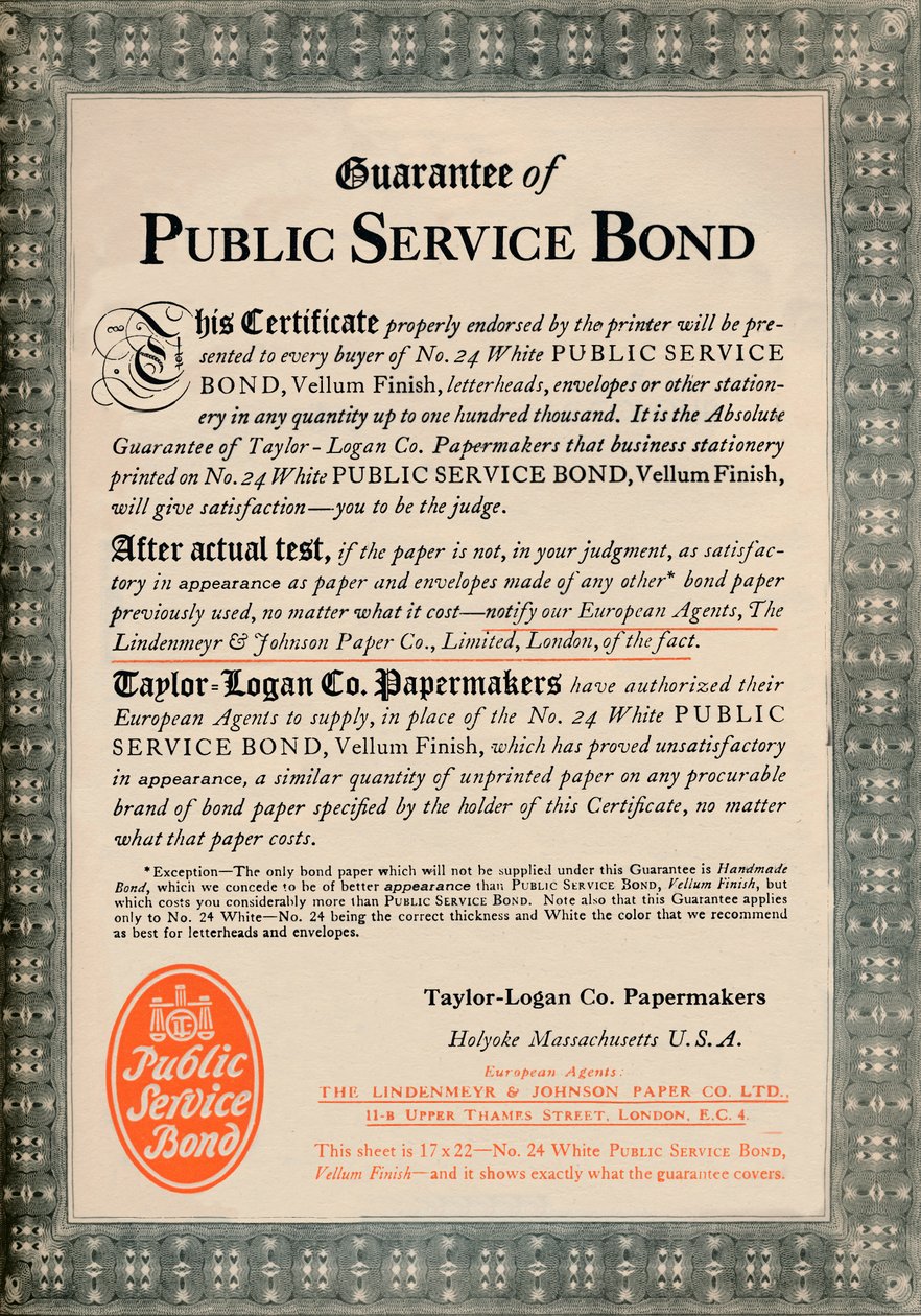 सार्वजनिक सेवा बॉन्ड की गारंटी - टेलर-लोगन कं पपरमेकर्स विज्ञापन, 1919 द्वारा अज्ञात