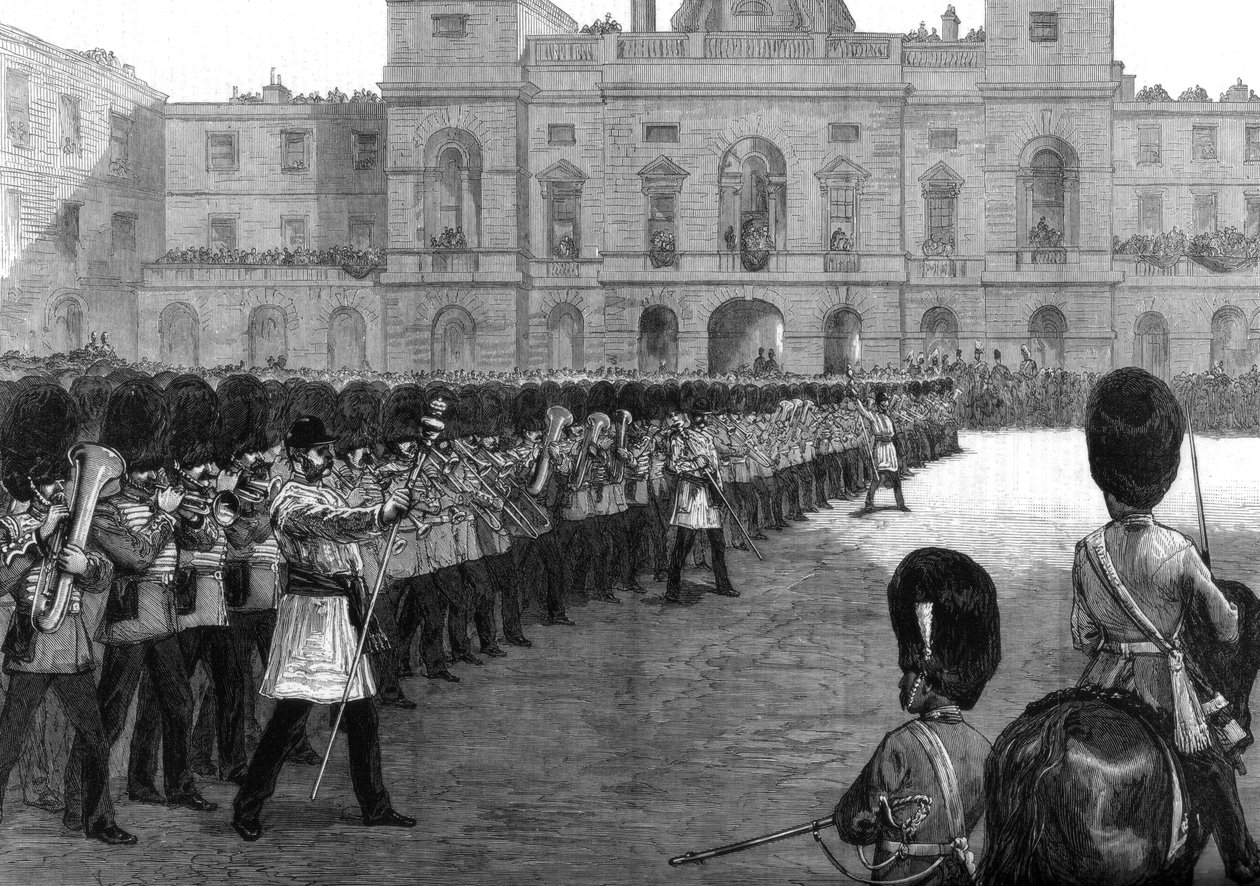 1875 में हर मेजेस्टीज़ के जन्मदिन पर सेंट जेम्ज़ पार्क में रंगों की टुकड़ी करते हुए गार्ड्स द्वारा अज्ञात