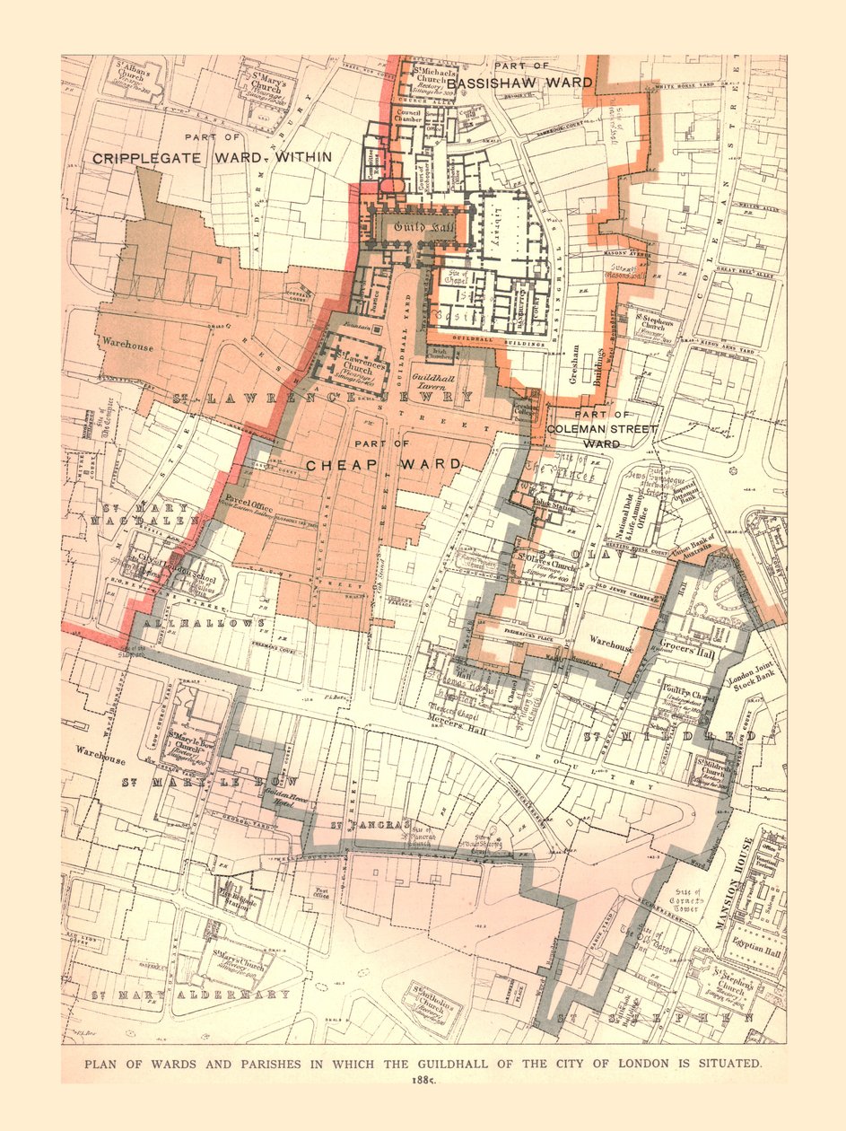 लंदन का गिल्डहॉल शहर। 1885 में वार्ड और परेड की योजना द्वारा अज्ञात