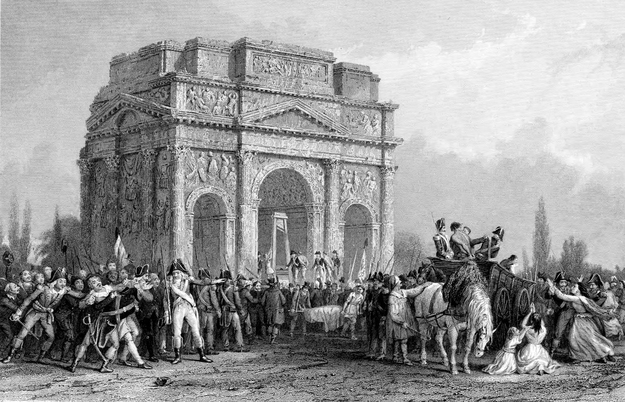 ऑरेंज, फ्रांस, फ्रांसीसी क्रांति, 1793-1794 में मारिलियस आर्क के तहत स्थापित गिलोटिन द्वारा अज्ञात