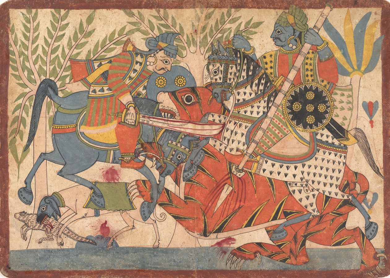हरिश्चंद्र और उनके मंत्री एक हरिश्चंद्र श्रृंखला से टाइगर फोलियो को मारते हुए, 1800-1850। द्वारा अज्ञात