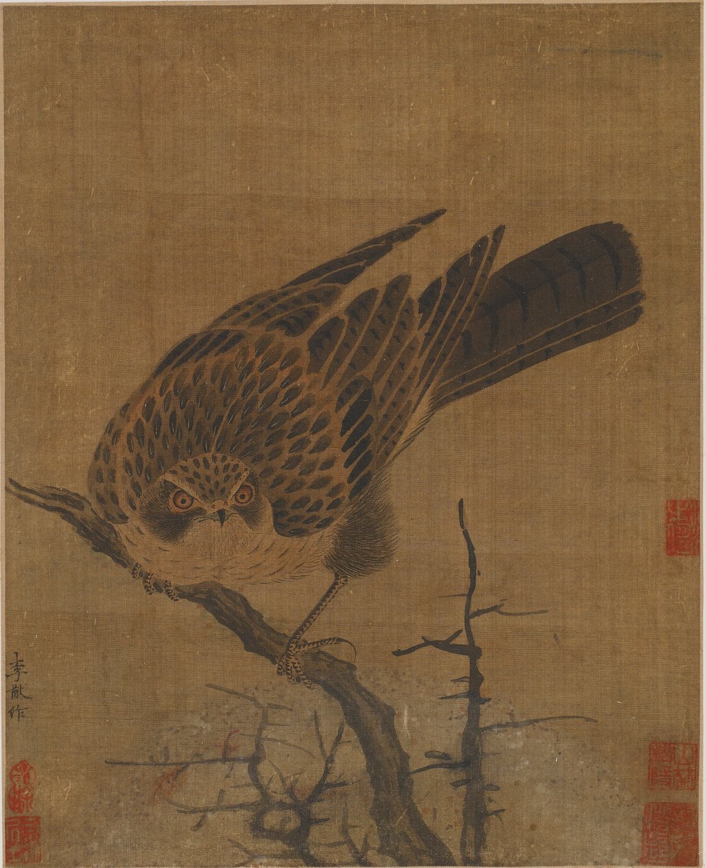 पत्ती रहित शाखा पर बाज़, संभवतः युआन राजवंश, 1279-1368। द्वारा अज्ञात