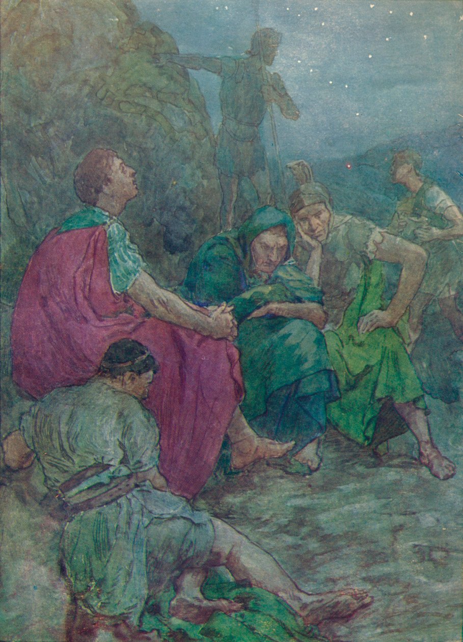 यहाँ, खड़ी चट्टानों से आश्रय लेकर, वह आराम करने के लिए बैठ गया, c1912 1912 द्वारा अज्ञात