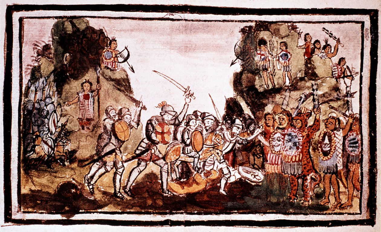 हर्नान्डो कोर्टेस कोरटेज 1485-1547, मेक्सिको में मूल निवासियों पर हमला करते हुए, स्पेनिश विजेता द्वारा अज्ञात