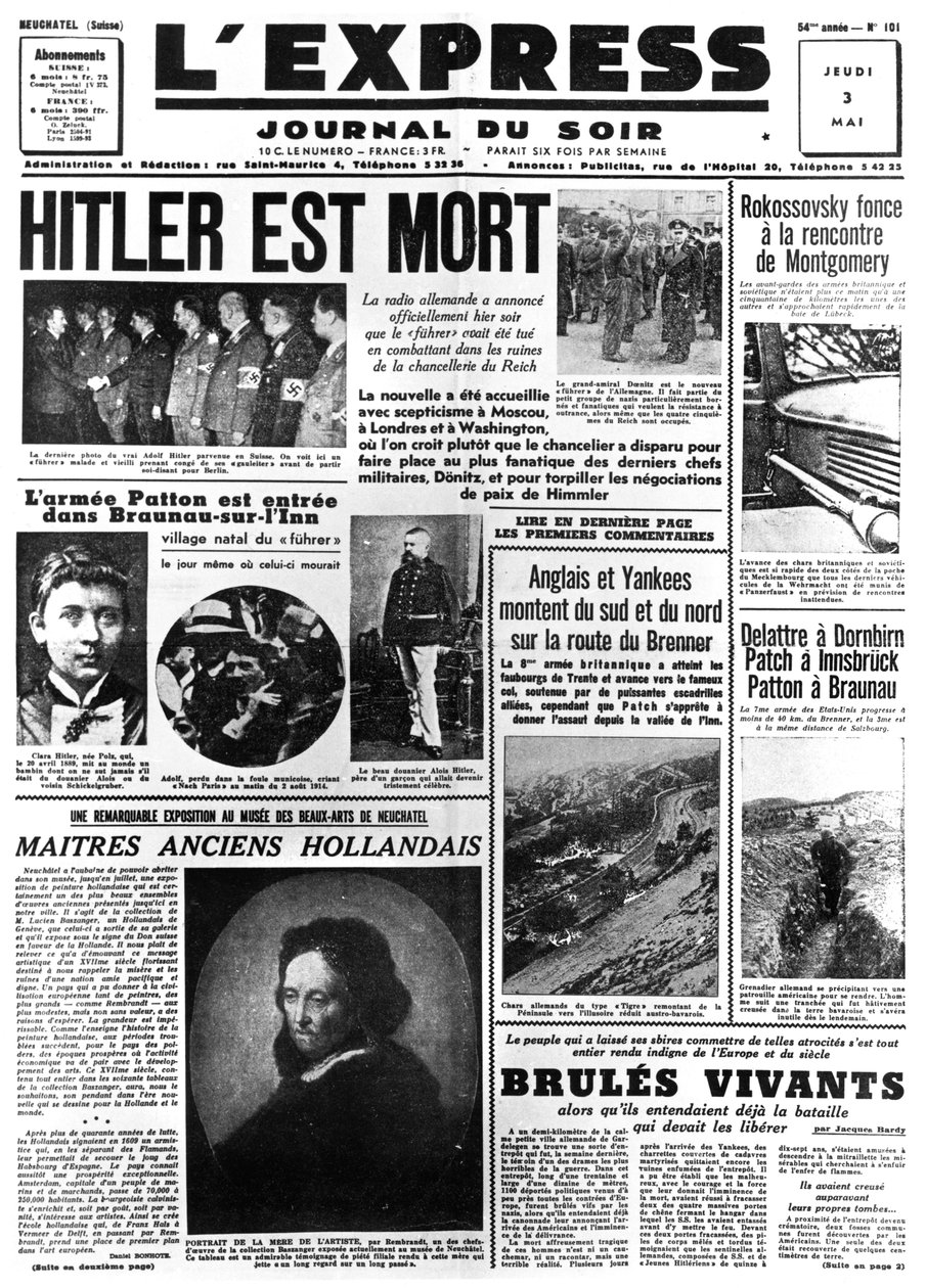 हिटलर डेड है, लेक्सप्रेस अखबार का फ्रंट पेज, 3 मई 1945 द्वारा अज्ञात
