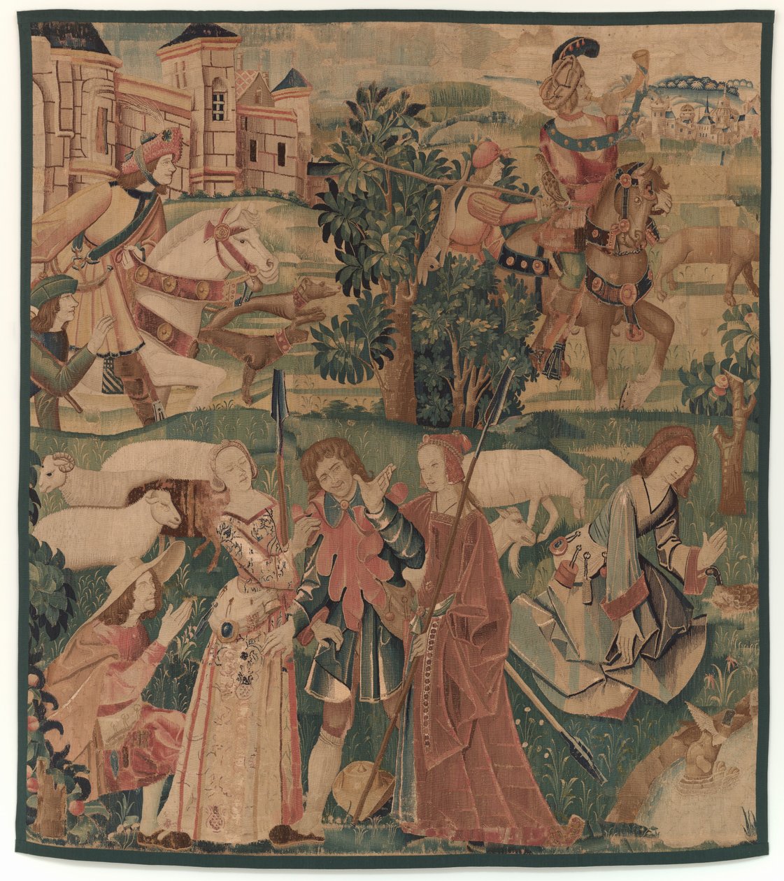 शिकार और देहाती दृश्य, महिलाओं के बीच हँसते हुए पुरुष के साथ, c. 1510. द्वारा अज्ञात