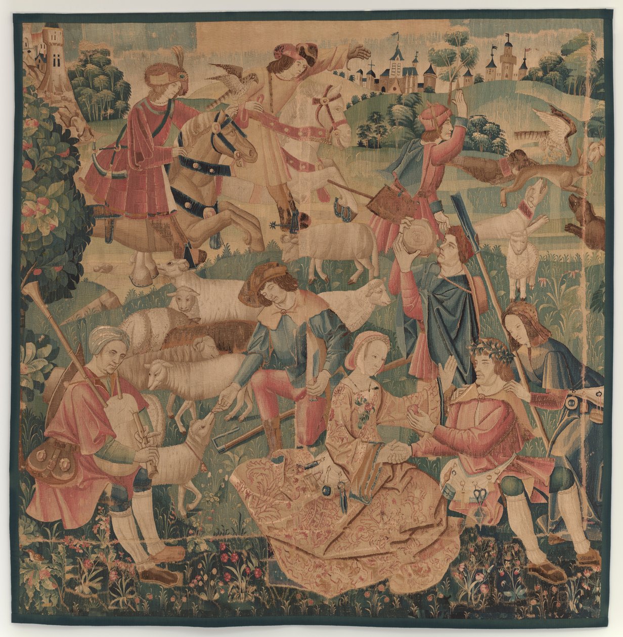 शिकार और देहाती दृश्य, महिलाओं के बीच पुष्पांजलि से सुसज्जित नायक के साथ, c. 1510. द्वारा अज्ञात