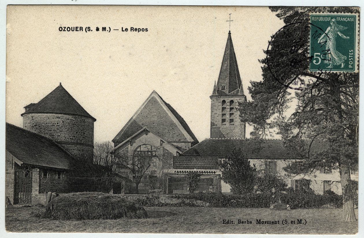 Ile de France, Seine et Marne (77), Ozouer le Repos (Ozouer-le-Repos): चर्च का बाहरी दृश्य सेंट औबिन (सेंट-औबिन) - पोस्टकार्ड दिनांक 1908 द्वारा अज्ञात