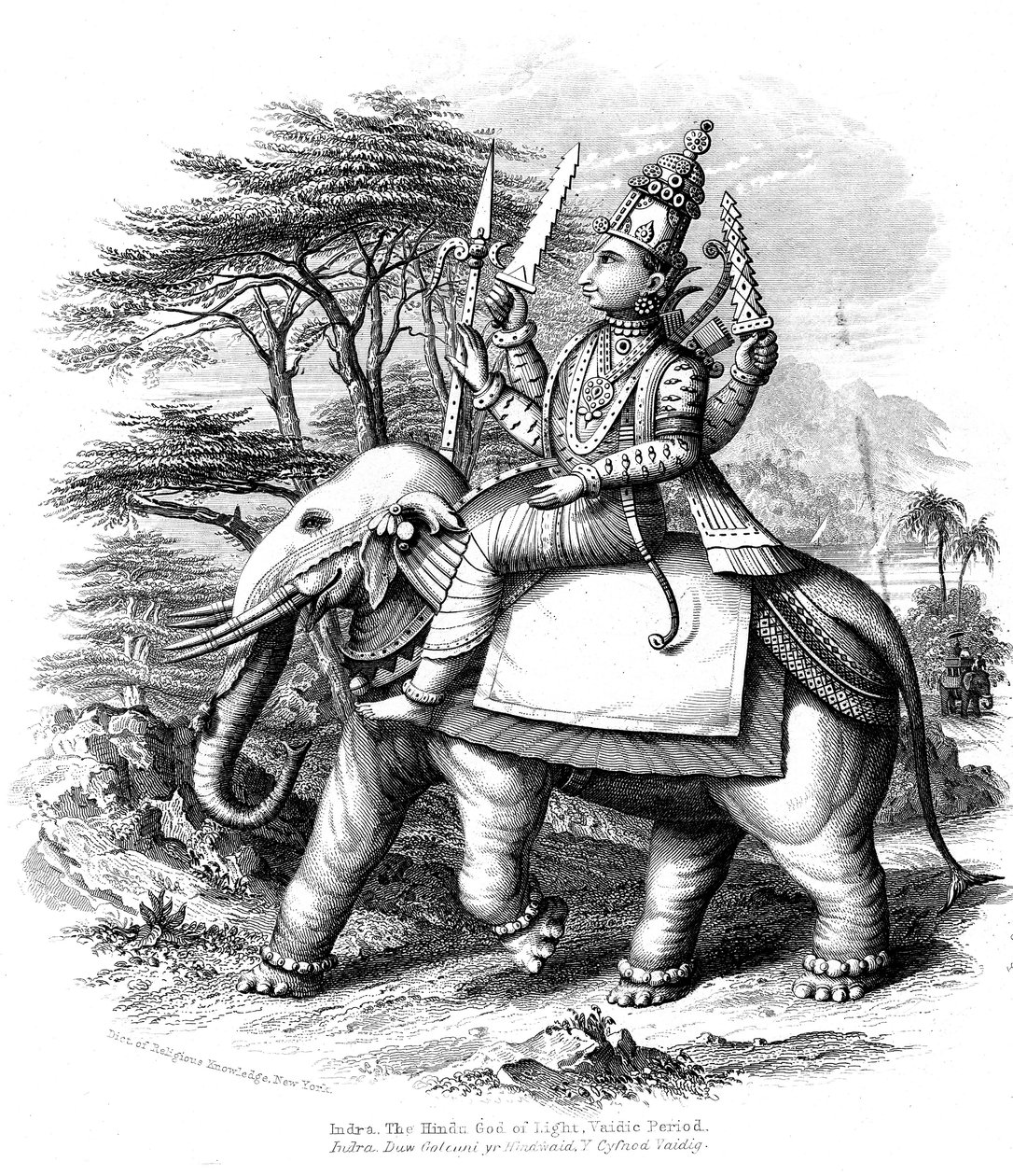भारत के वैदिक देवताओं के प्रमुख, इंद्र, अपने हाथी पर चढ़े, c1880 द्वारा अज्ञात