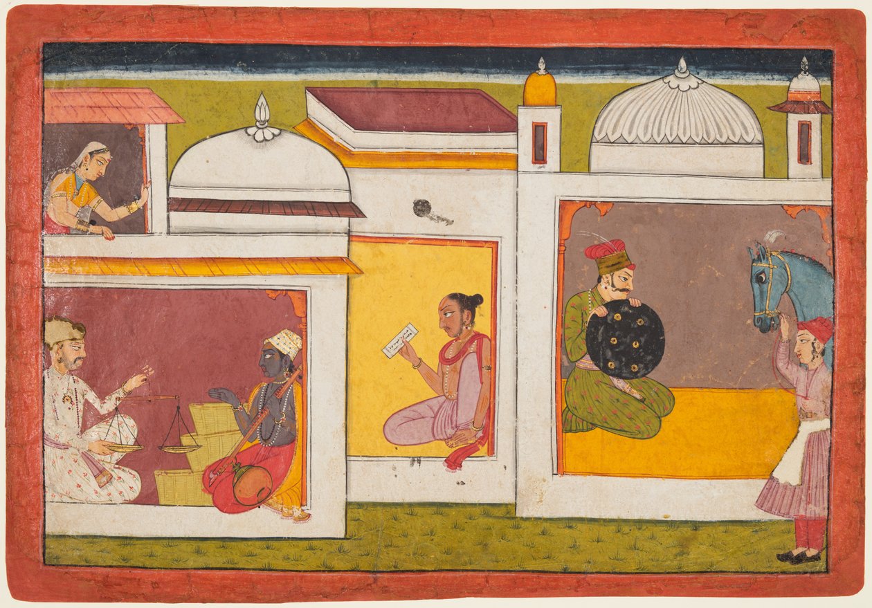 एक इमारत के अंदर, माधव एक आदमी को पकड़े हुए बैठा है, जो एक माधवनवाला से है ..., सी। 1700। द्वारा अज्ञात