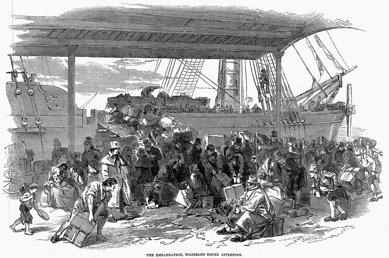 आयरिश इमिग्रेंट्स वाटरलू डॉक्स, लिवरपूल, 1850 में अमेरिका के लिए शुरू कर रहे हैं द्वारा अज्ञात