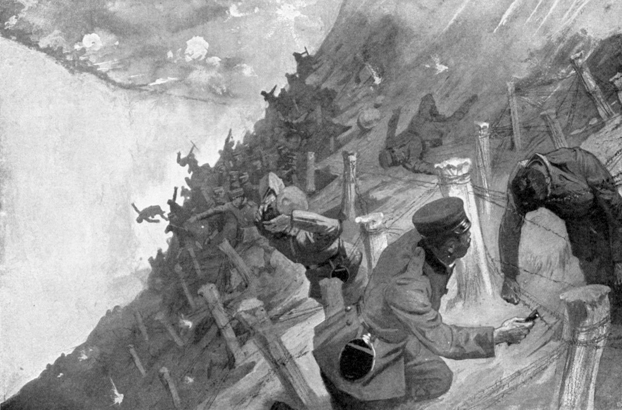 जापानी सैनिकों ने रूसी कांटेदार तार, रुसो-जापानी युद्ध, 1904-5 को पार किया द्वारा अज्ञात