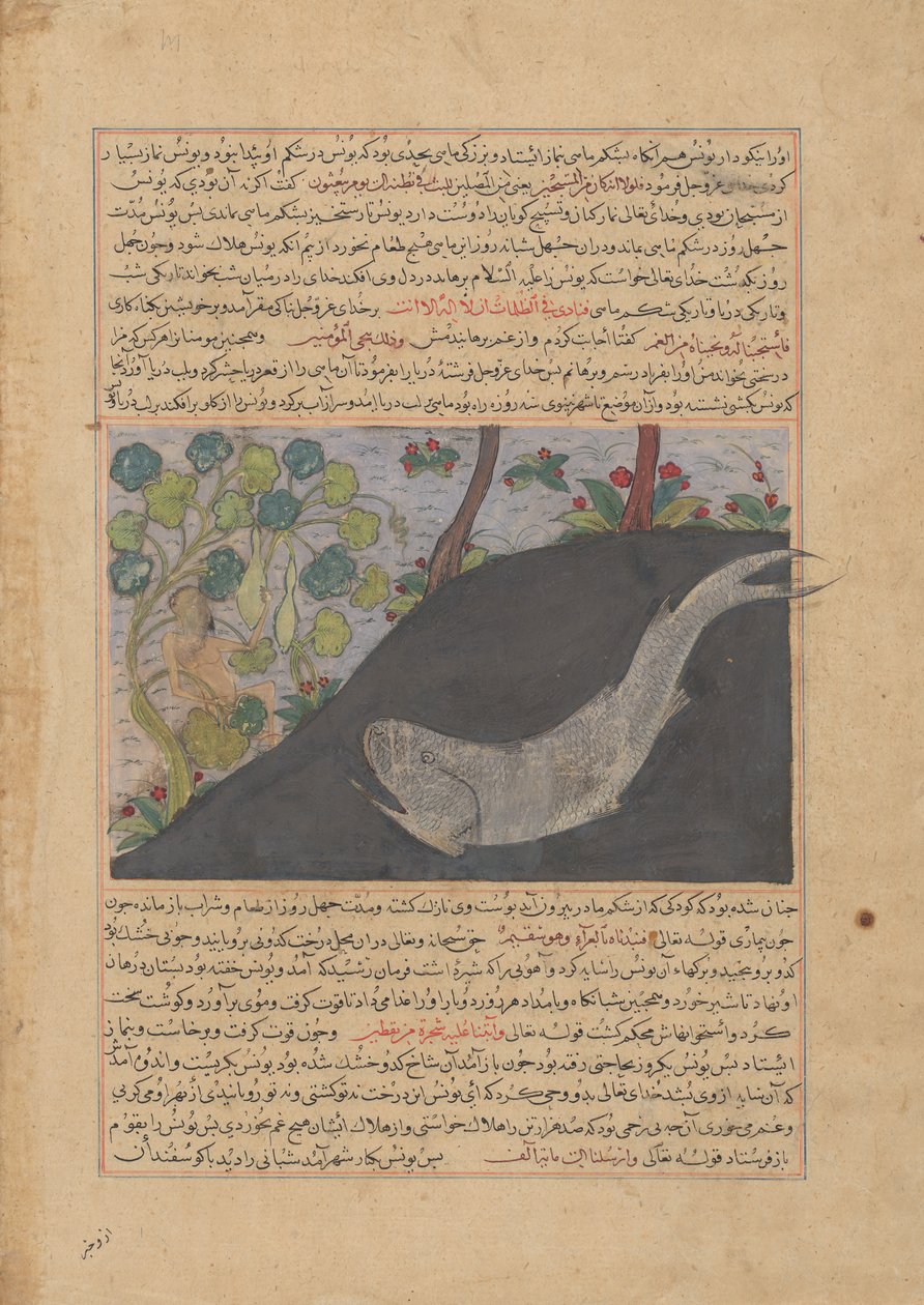 जोनाह और व्हेल, इतिहास के एक मजमा 'अल-तवारिख संग्रह से फोलियो..., ca. 1425. द्वारा अज्ञात