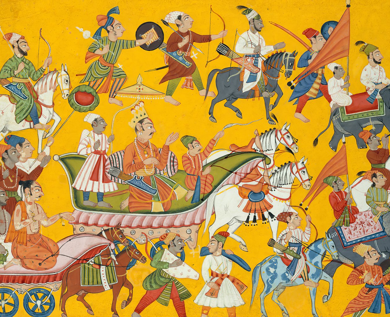 राजा दशरथ और उनके अनुचर राम के विवाह के लिए आगे बढ़े: शांगरी से फोलियो..., सीए। 1690-1710। द्वारा अज्ञात