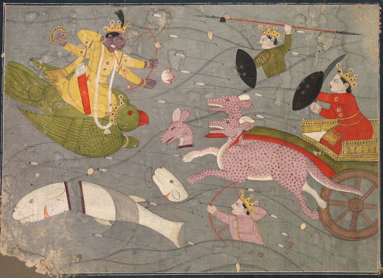 कृष्णा फाइटिंग वनसुरस संस: कृष्णा लीला के अनिरुद्ध उषा खंड से दृश्य, सी। 1840। द्वारा अज्ञात