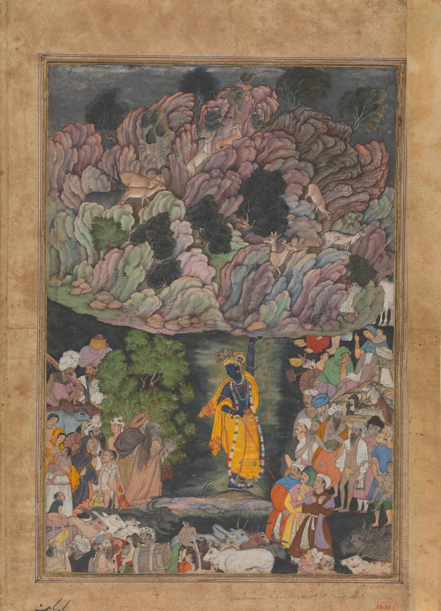 ब्रज के ग्रामीणों को आश्रय देने के लिए कृष्ण ने गोवर्धन पर्वत को धारण किया, फोलियो फ्रॉम..., सीए। 1590-95। द्वारा अज्ञात