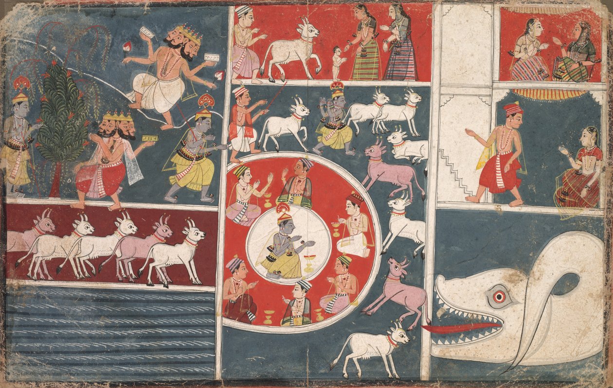 भागवत पुराण से कृष्ण की बांसुरी और अन्य एपिसोड बजाना, सी। 1650। द्वारा अज्ञात