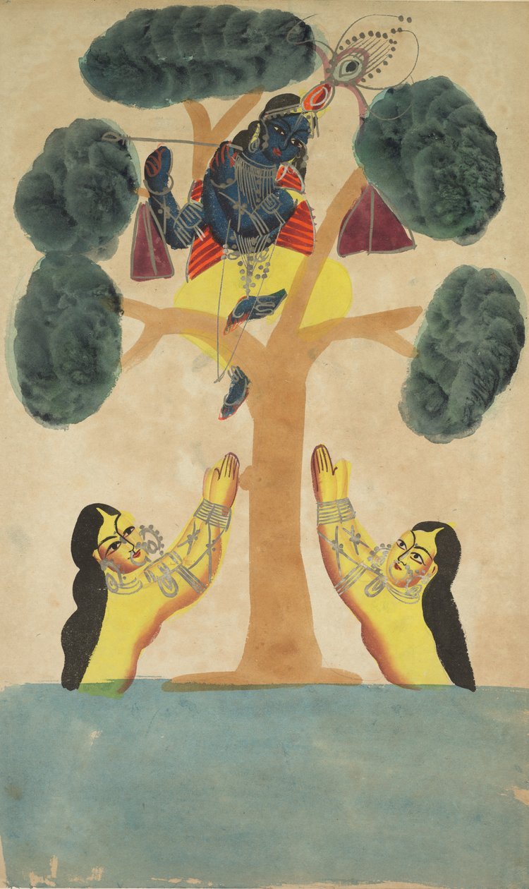 कृष्ण ने गायों की गोपियों के कपड़े चुरा लिए, 1800s। द्वारा अज्ञात