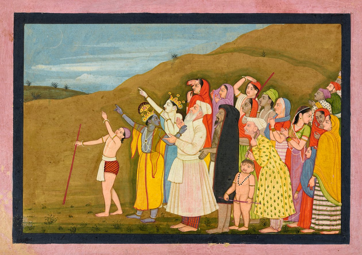 कृष्णा और उनका परिवार सूर्य ग्रहण की प्रशंसा करते हैं, शायद कांगड़ामोदी..., 1775-1780 का एक पृष्ठ। द्वारा अज्ञात