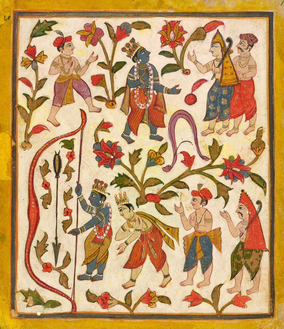 कृष्ण और धनुष, तुला राम भागवत पुराण से फोलियो 24, लगभग। 1720. द्वारा अज्ञात