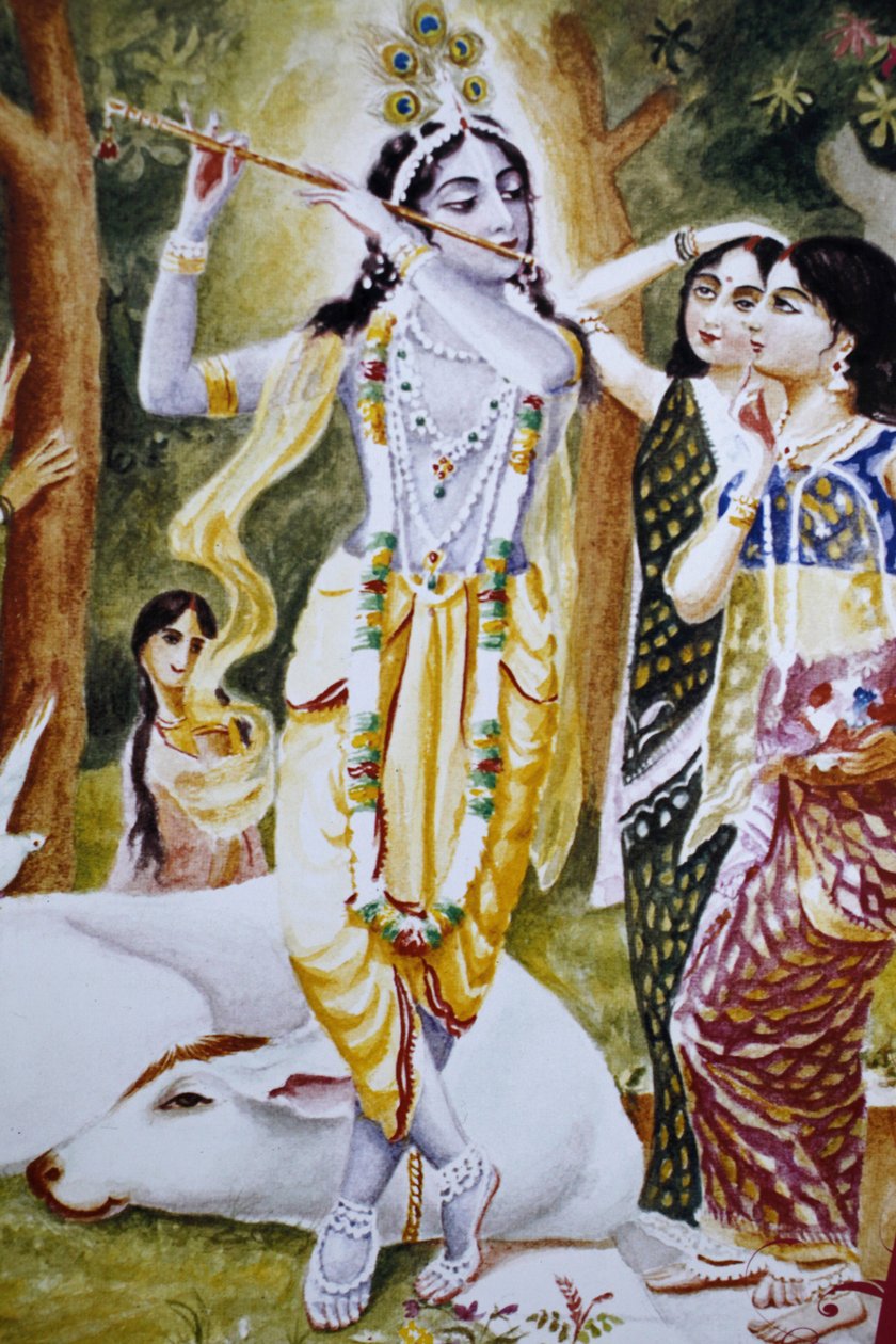 कृष्ण और गोपी जैसा कि हरे कृष्ण कैलेंडर पर दर्शाया गया है, लंदन, ग्रांडे-ब्रेटगेन द्वारा अज्ञात