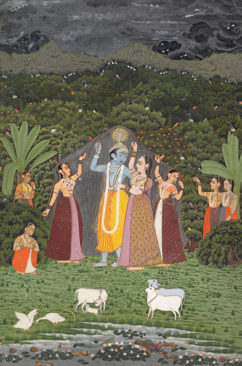 कृष्ण और गोपियों ने वर्षा से शरण ली, 1760। द्वारा अज्ञात
