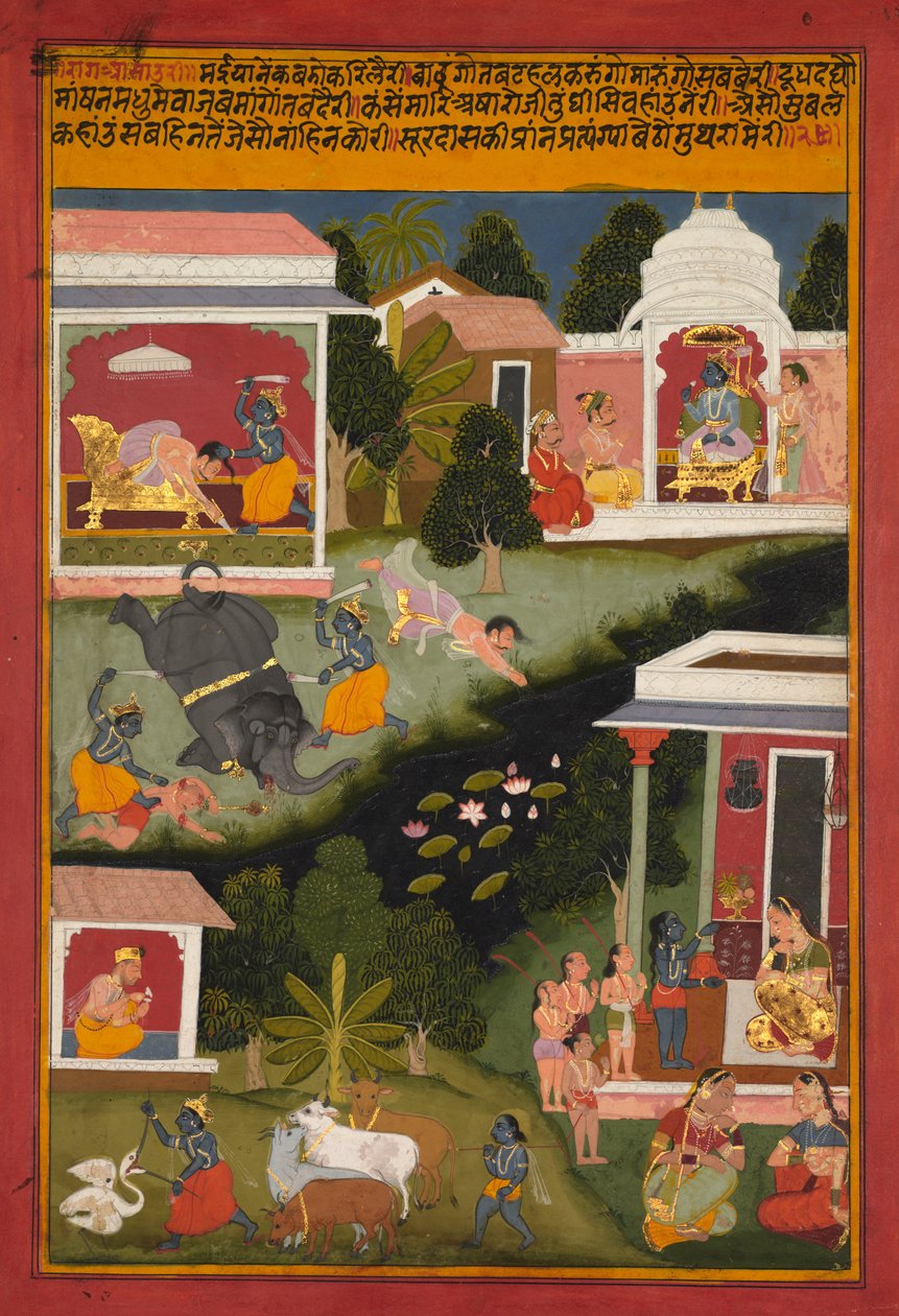 कृष्ण दानवों के विनाशक के रूप में, सूरदास सूरसागर के पृष्ठ सी। 1700। द्वारा अज्ञात