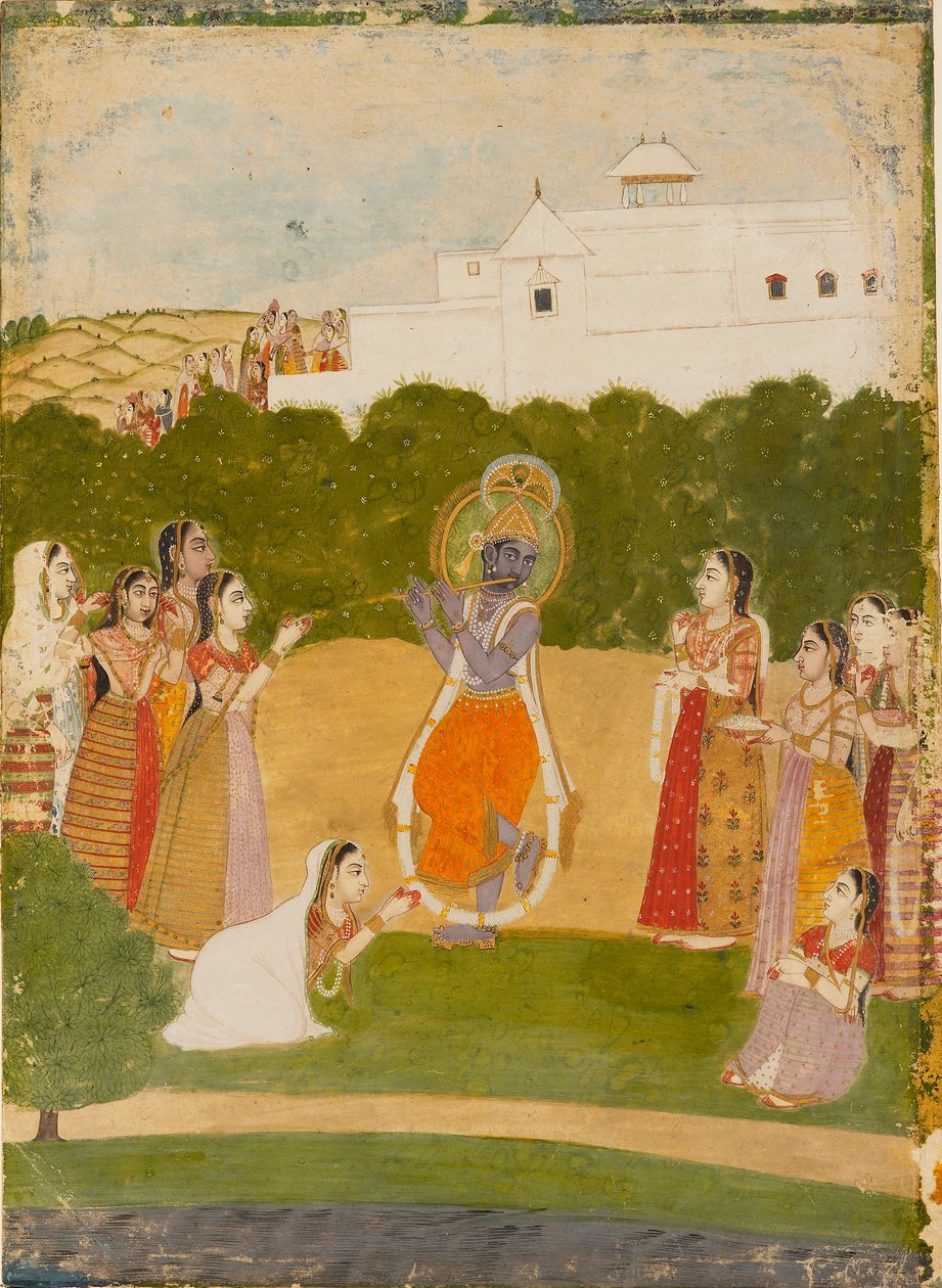 कृष्णा नदी के किनारे बांसुरी बजाते हुए, c1720 द्वारा अज्ञात