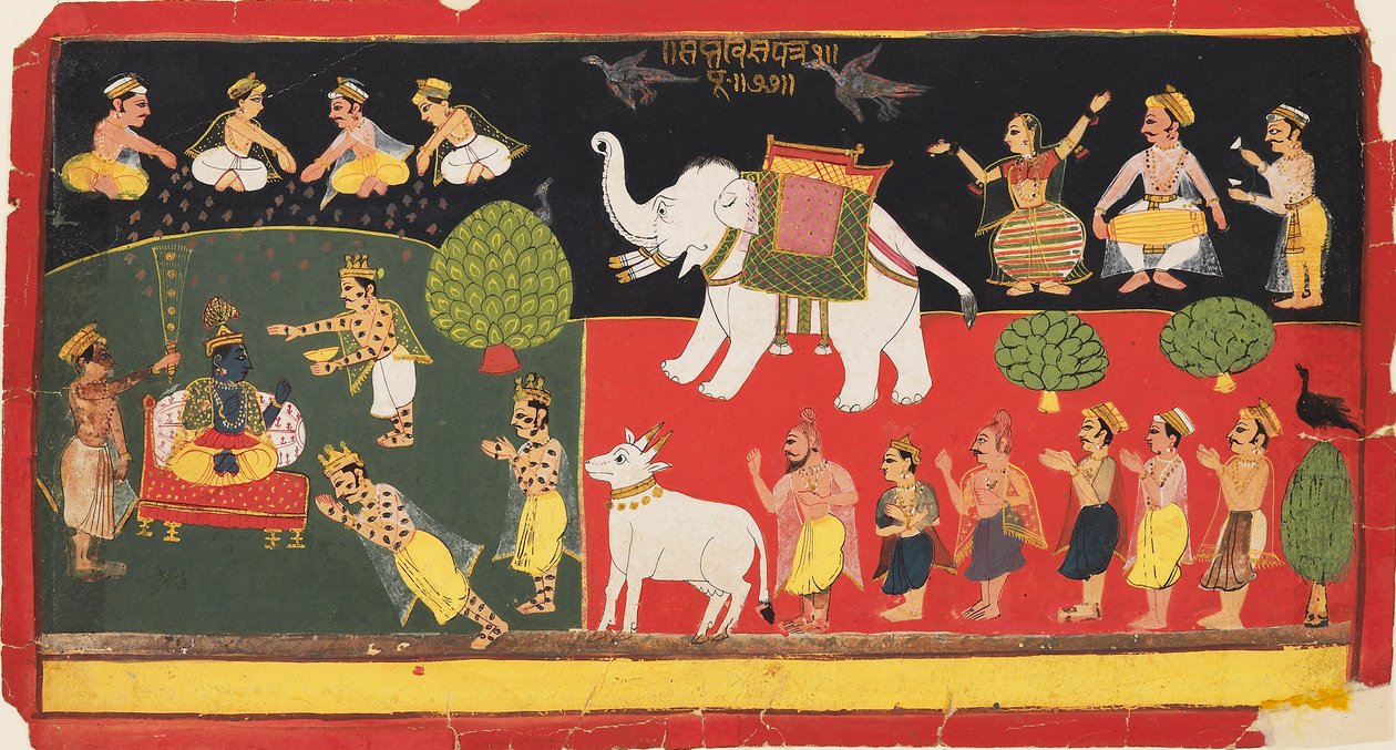 इंद्र द्वारा पूजनीय कृष्ण सफेद हाथी पर सवार होकर आ रहे थे, c1720 द्वारा अज्ञात
