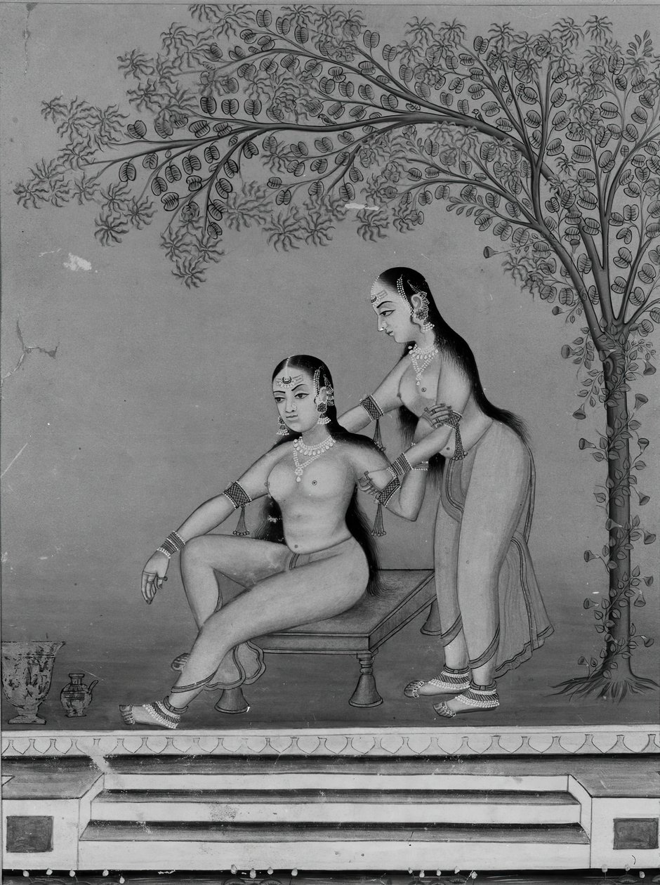 एक छत पर परिचारक के साथ अपने शौचालय में महिला, लगभग। 1800. द्वारा अज्ञात