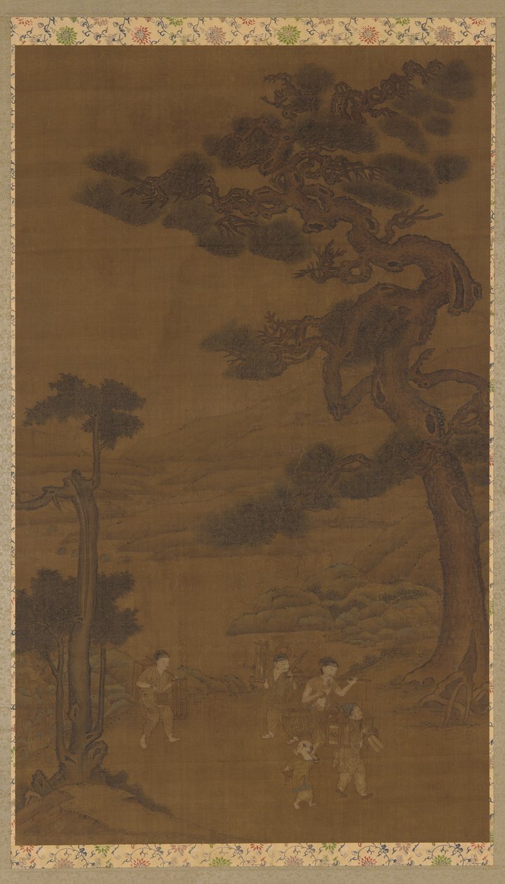 परिदृश्य: एक विशाल देवदार के पेड़ के नीचे हस्तशिल्पी, मिंग राजवंश, 16वीं-17वीं शताब्दी। द्वारा अज्ञात