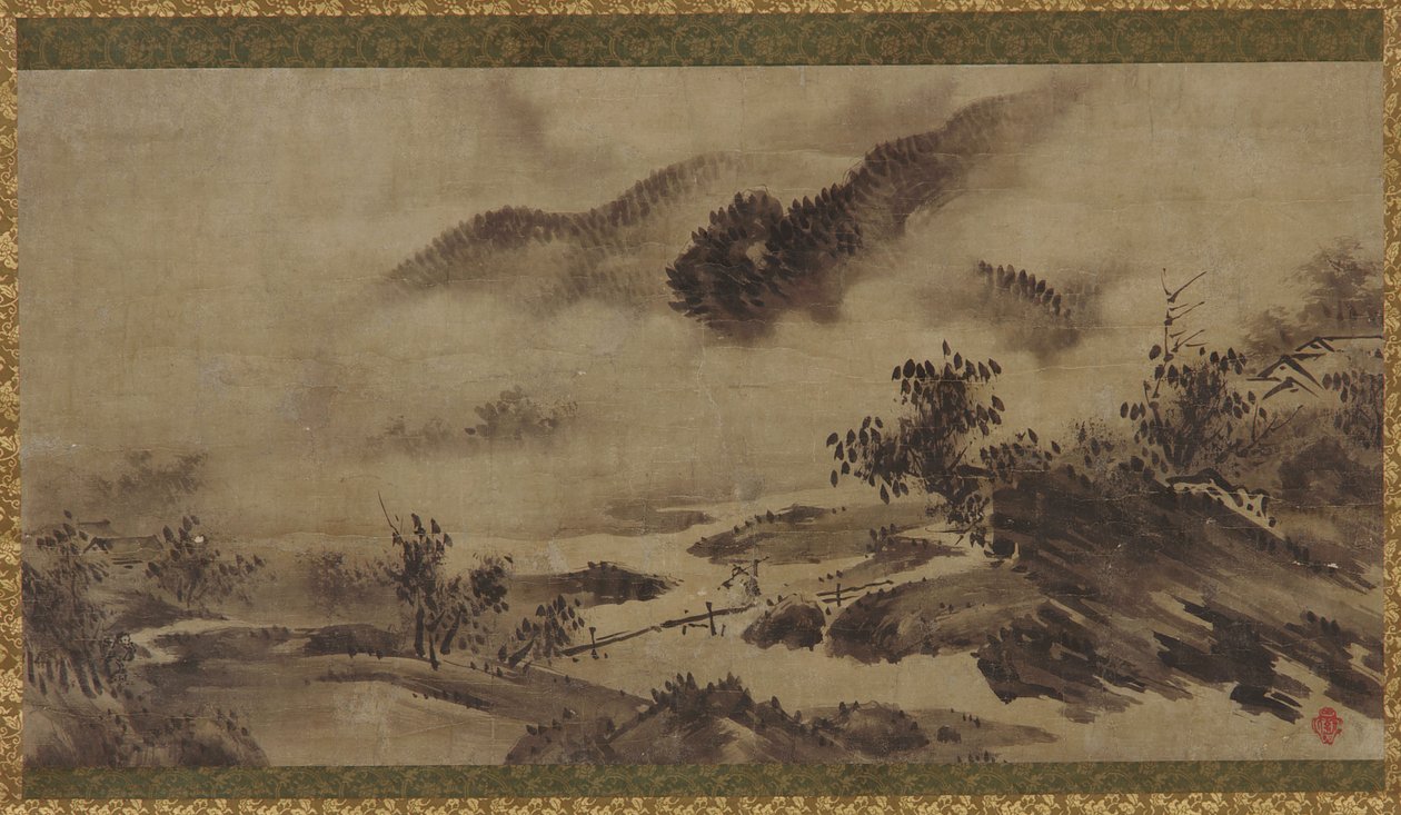 भूदृश्य: पहाड़, धुंध और जलधारा, ईदो काल, 18वीं शताब्दी। द्वारा अज्ञात