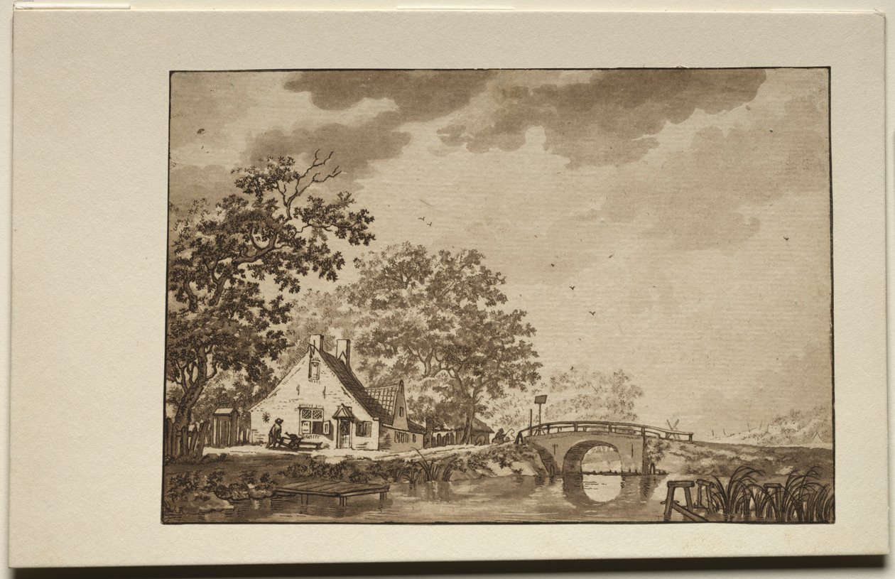 कॉटेज और ब्रिज के साथ लैंडस्केप, 1700s। द्वारा अज्ञात