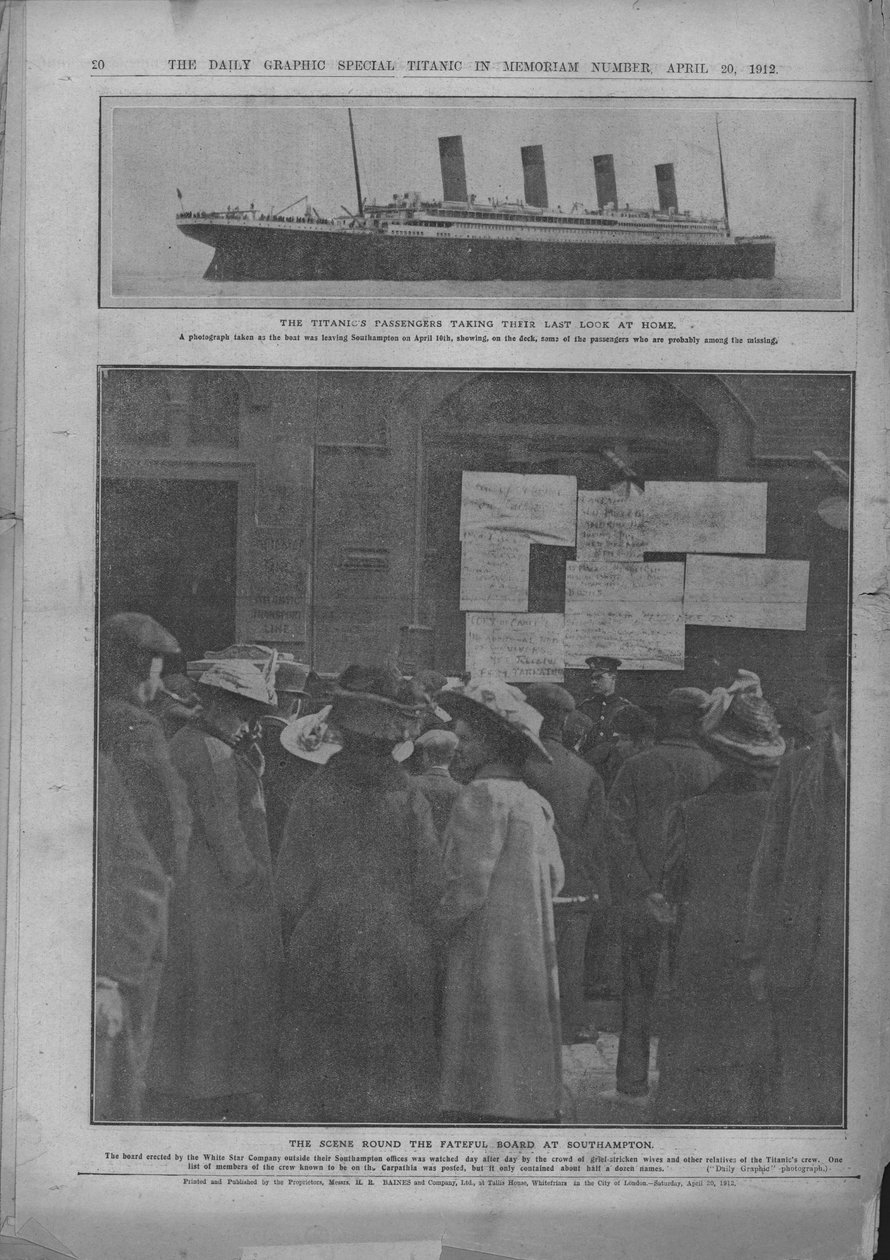 लास्ट लुक ऑन होम, एंड द फेटफुल बोर्ड एट साउथैम्पटन, 20 अप्रैल, 1912। द्वारा अज्ञात
