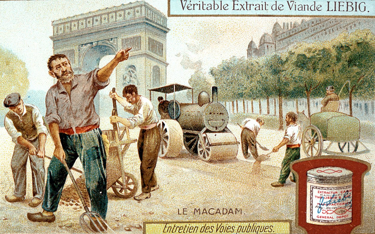 Macadam सड़क की सतह को बिछाना और भाप रोड रोलर, पेरिस, c1900 के साथ इसे कॉम्पैक्ट करना द्वारा अज्ञात