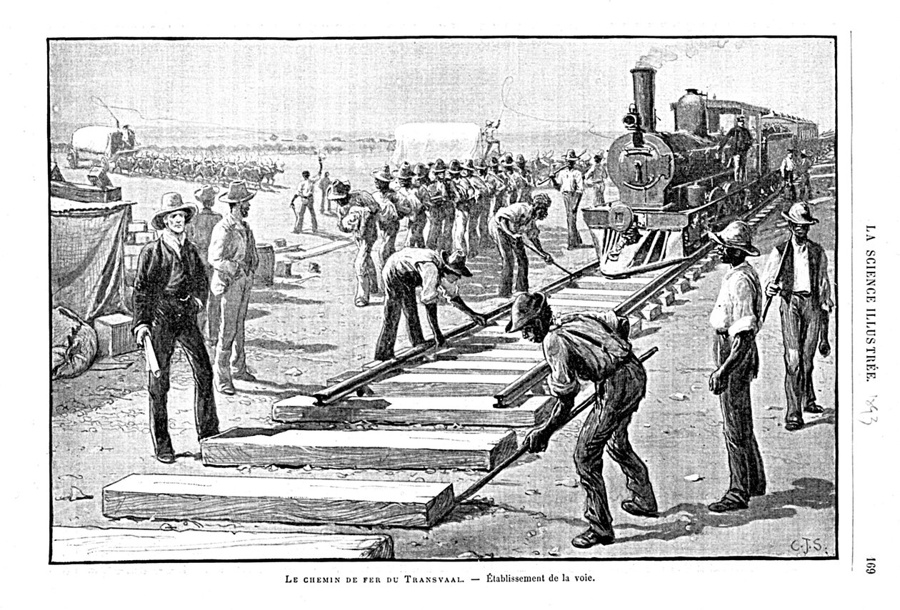 दक्षिण अफ्रीका, 1893 में ट्रांसवाल रेलवे पर स्लीपर और रेल को स्थायी रूप से बिछाना द्वारा अज्ञात
