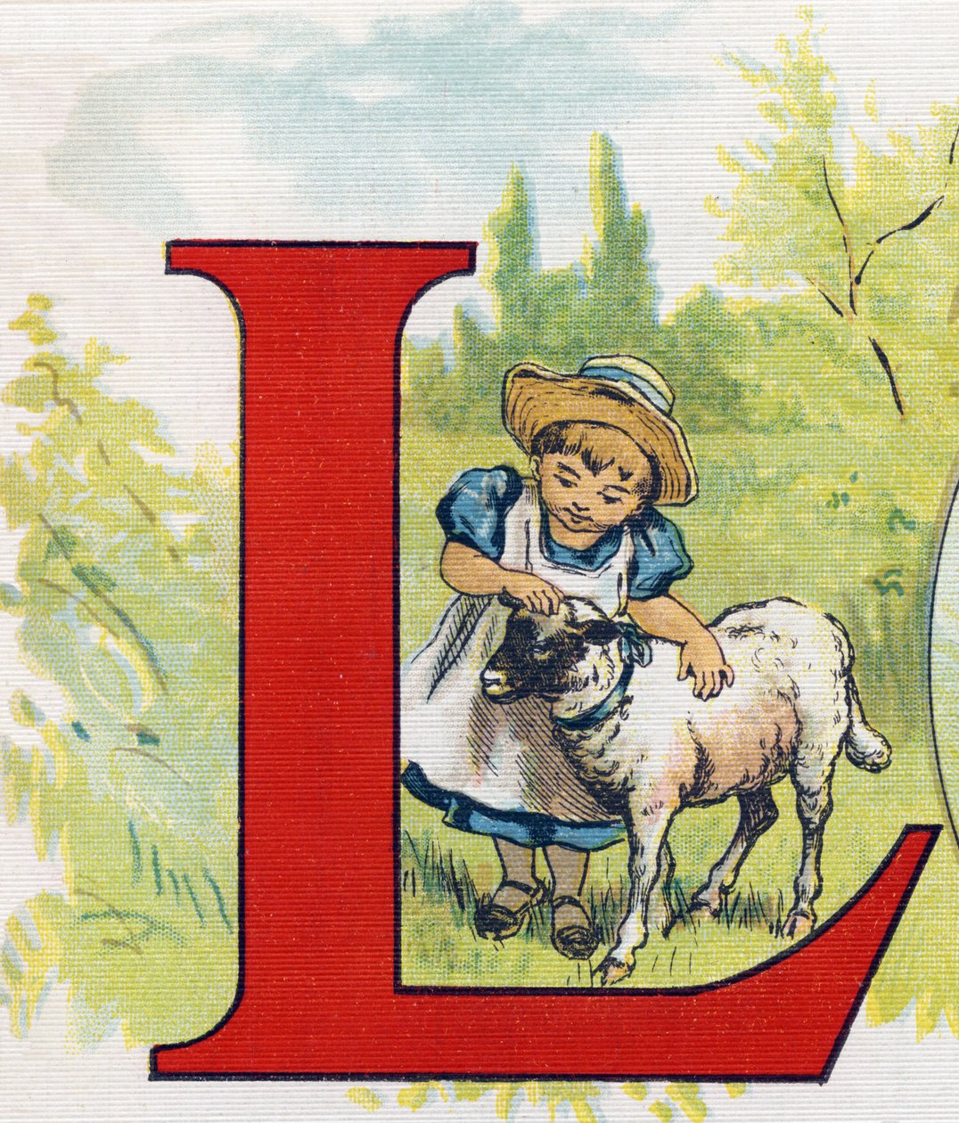 पत्र एल: भेड़ का बच्चा। "एबीसी ल'अल्फाबेट डेस बेब्स" में उत्कीर्णन। क्रोमोलिथोग्राफी में कैनवास पर अटूट आयतन। ए कैपेंदु, संपादक, पेरिस। 20वीं सदी की शुरुआत में, 1905 के आसपास। अंग्रेजी मूल की इमेजरी, प्रत्येक आद्याक्षर के अनुरूप फ्रेंच में शब द्वारा अज्ञात