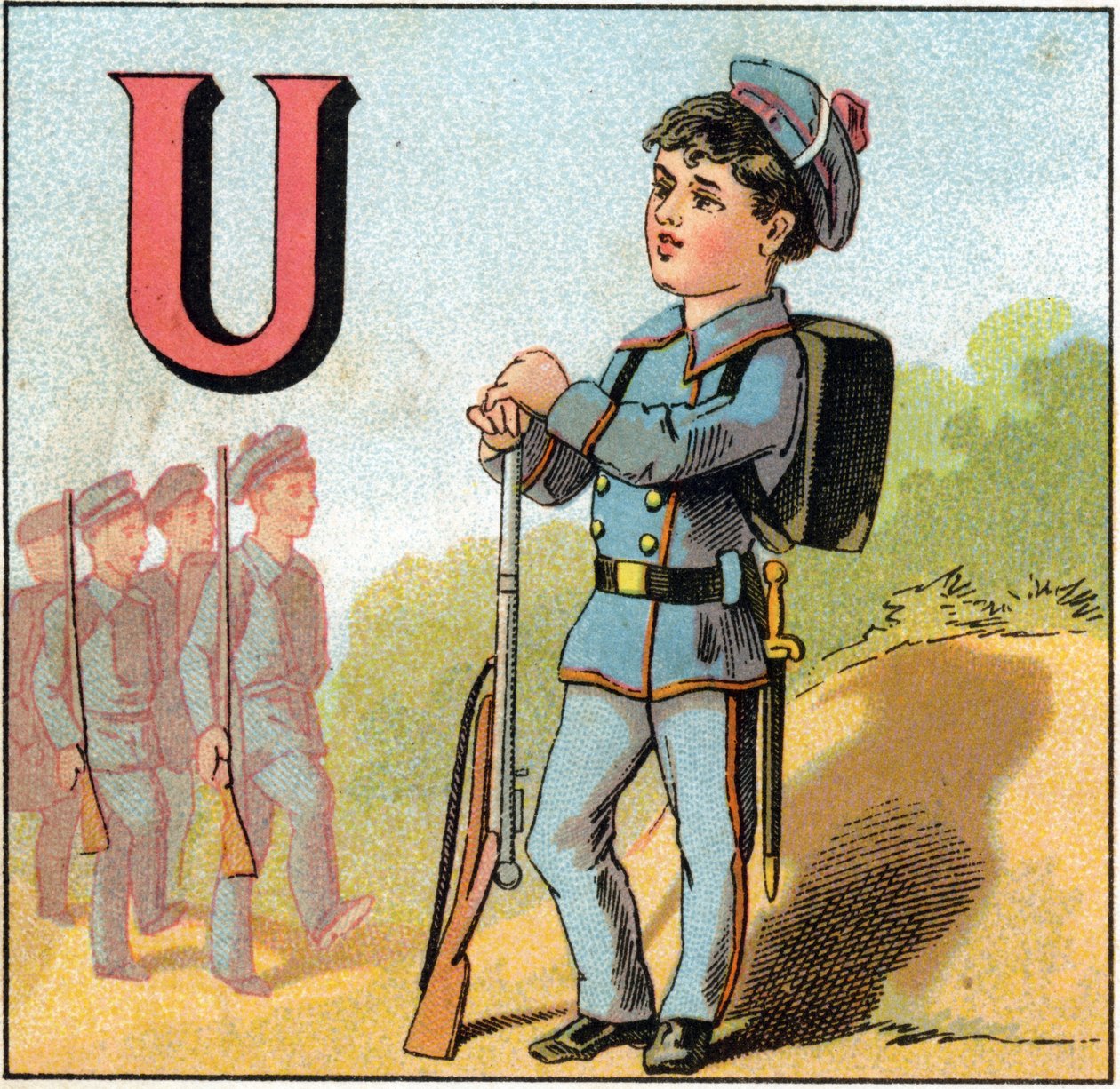 पत्र यू वर्दी के रूप में। एक राइफल के साथ सैन्य सूट में स्कूली छात्र। "अल्फाबेट डेस पेटिट्स इकोलियर्स" में उत्कीर्णन। एपिनल का इमेजिंग, लगभग १८८५। प्रिवी संग्रह द्वारा अज्ञात
