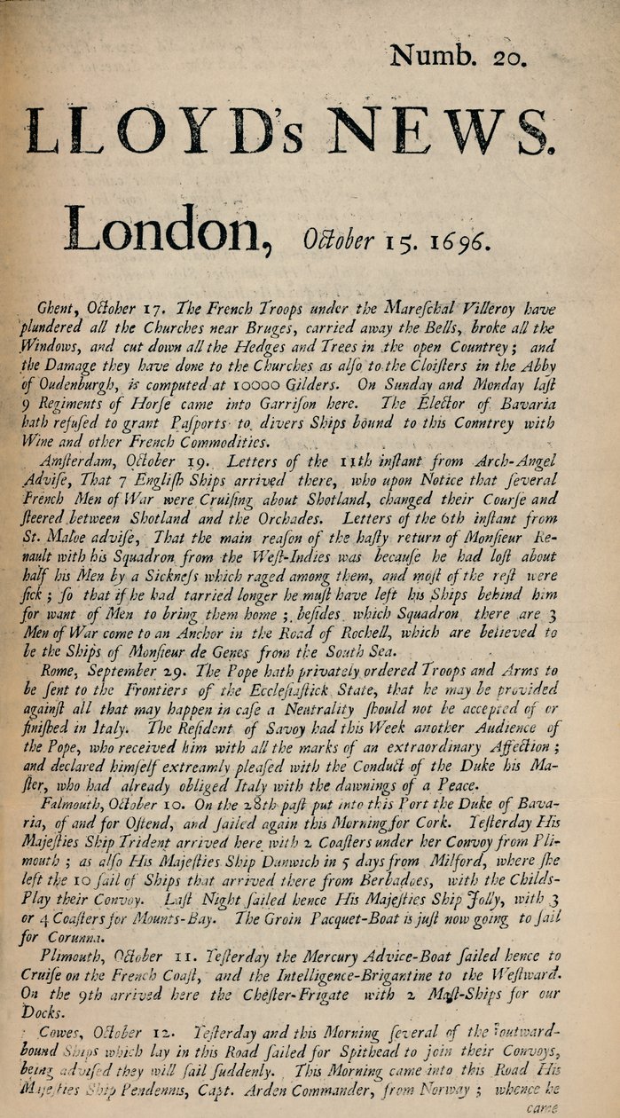 लॉयड्स न्यूज़। लंदन, 15 अक्टूबर, 1696 - नंब। 20, 1928 द्वारा अज्ञात