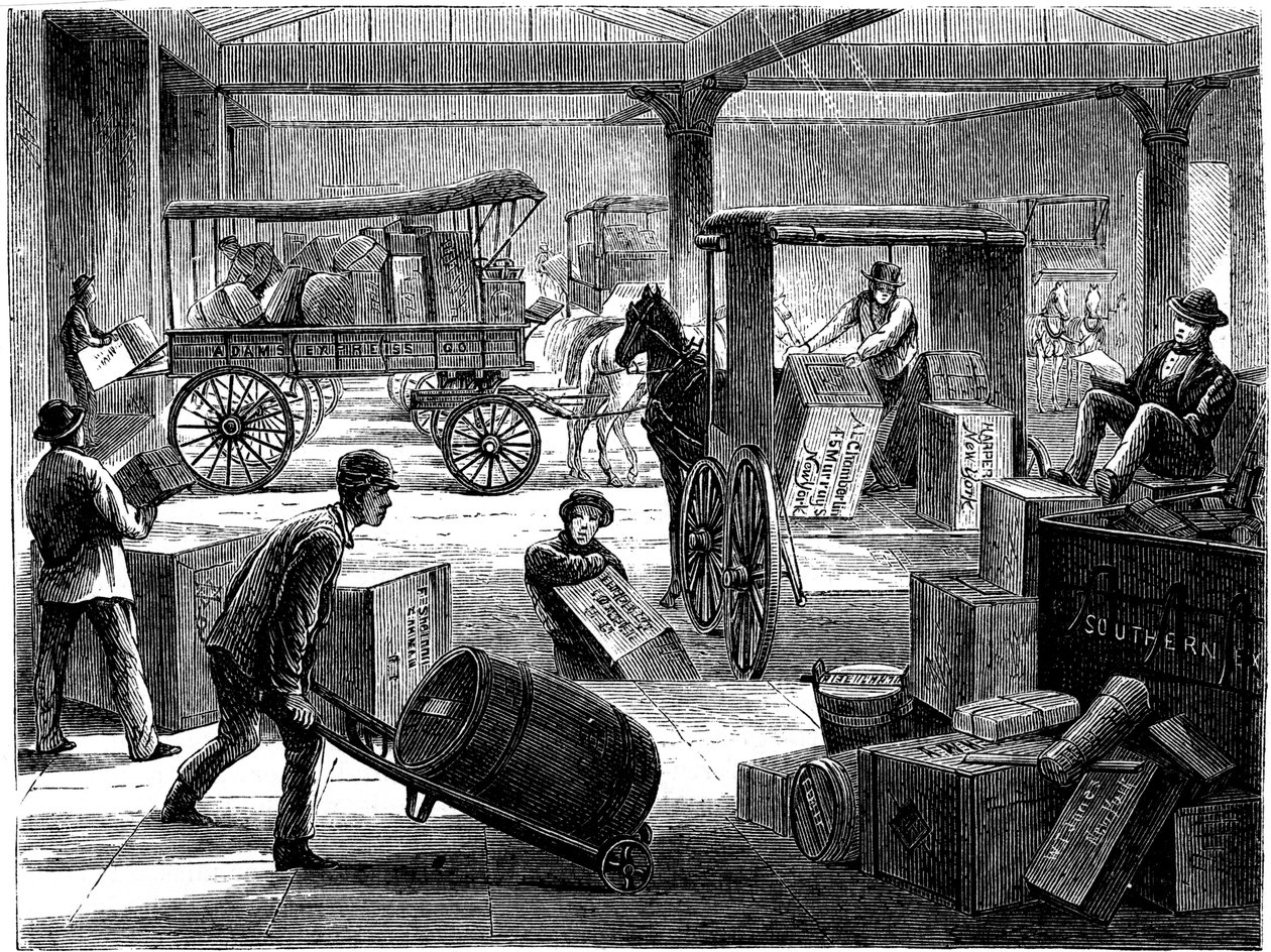 वेल्स फ़ार्गो के सामान्य कार्यालय, न्यूयॉर्क, यूएसए, 1875 में घोड़े द्वारा तैयार वैन को लोड करना द्वारा अज्ञात
