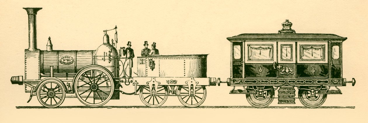लोकोमोटिव और रॉयल सैलून, लंदन और बर्मिंघम रेलवे, 1843, 1930। द्वारा अज्ञात