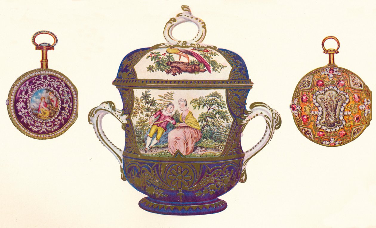 लुइस XVI। गोल्ड रिपीटर, c.1770, ओल्ड चेल्सी पोर्सिलेन और कवर, c.1710, 1903 द्वारा अज्ञात