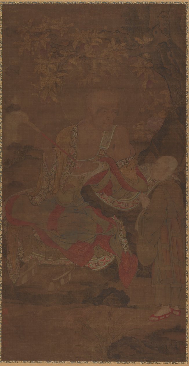 लुओहान फ्लाई व्हिस्क पकड़े हुए, परिचारक के साथ, 14वीं सदी। द्वारा अज्ञात