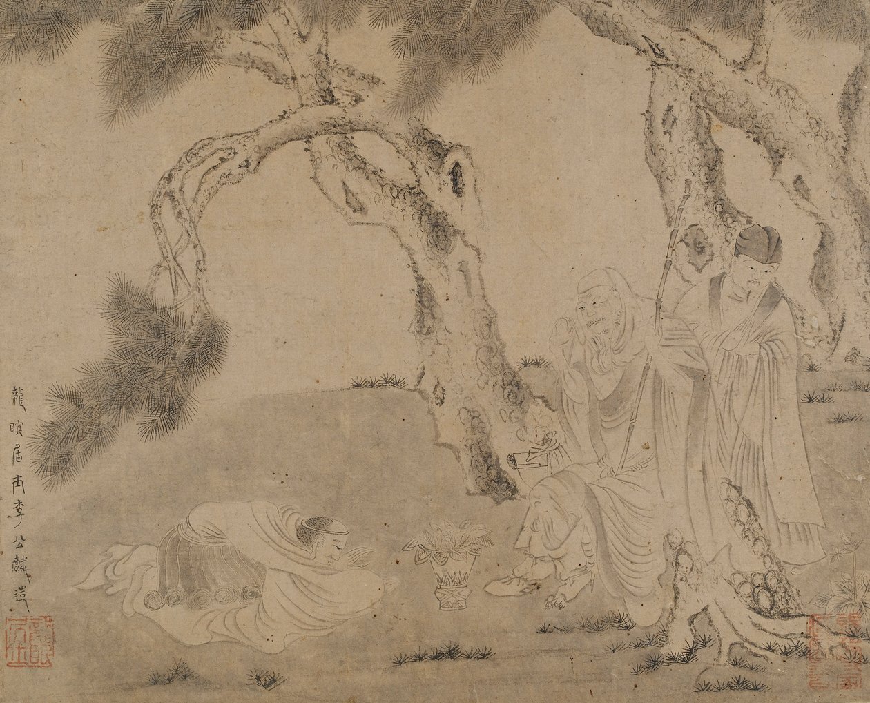 लुओहान, परिचारक, और पाइंस के तहत उपासक, युआन या मिंग राजवंश, 1279-1644। द्वारा अज्ञात