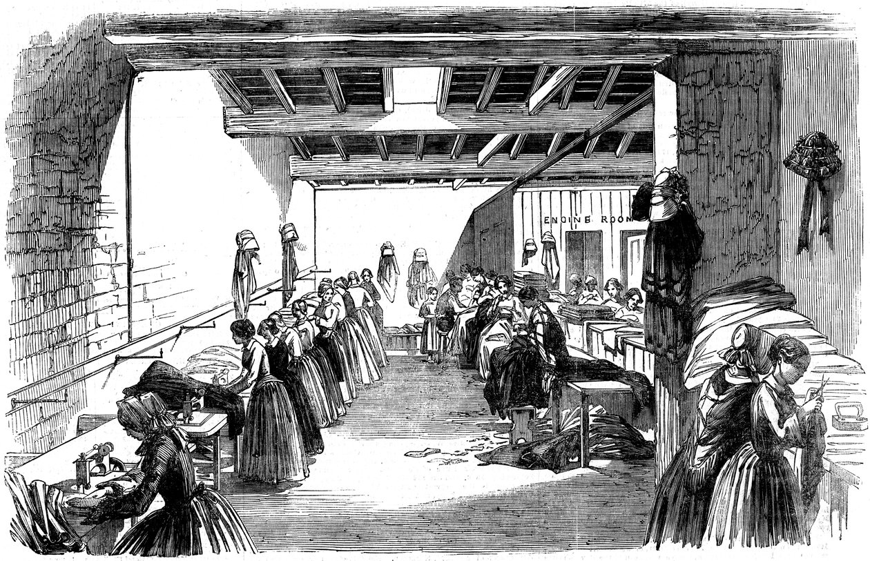 1854 में स्टीम सिलाई फैक्टरी में मशीन कक्ष द्वारा अज्ञात