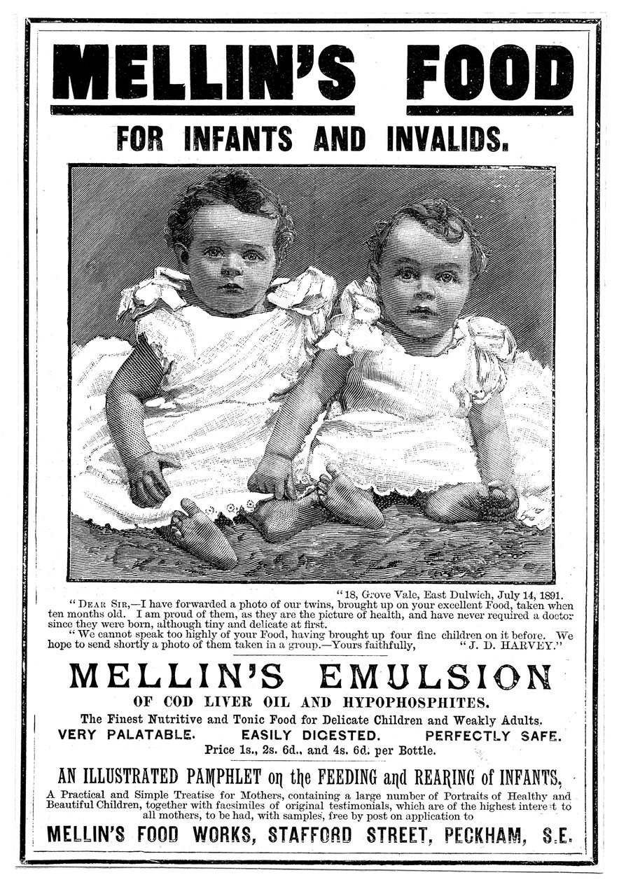 Mellins इमल्शन के लिए पत्रिका विज्ञापन, कॉड लिवर ऑयल, c1890 पर आधारित एक खाद्य पूरक है द्वारा अज्ञात