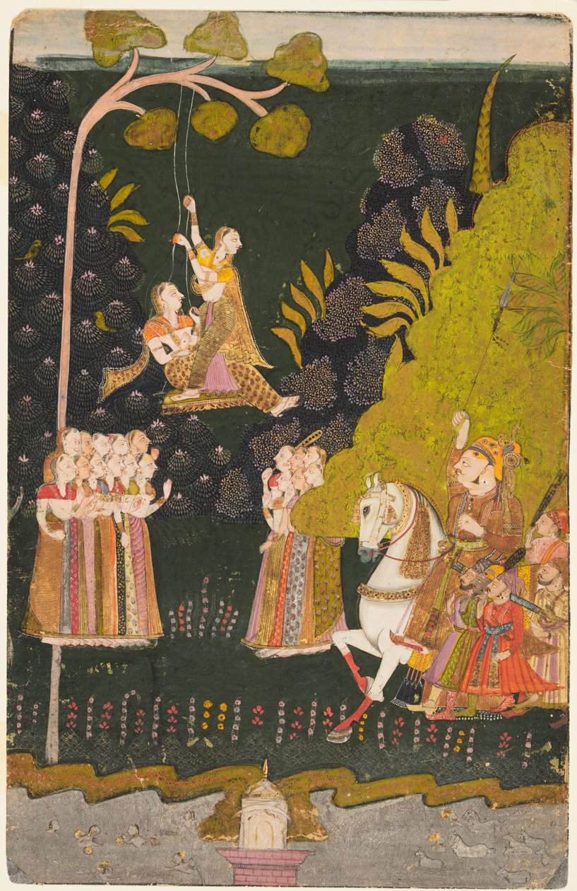 महाराजा अभय सिंह, अश्वारोही, तीज महोत्सव में झूलती लड़कियों को देखते हुए, सी। 1740। द्वारा अज्ञात