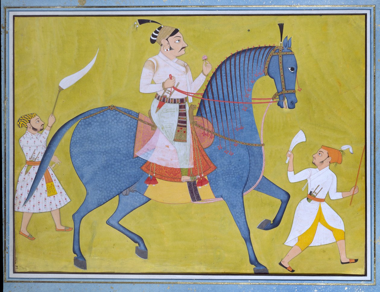 सवार के महाराजा प्रताप सिंह, पैदल दो परिचारकों के साथ, c1700 द्वारा अज्ञात