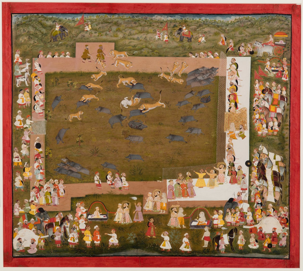 महाराजा संग्राम सिंह और उनका दरबार, सदरी में बाघों और सूअरों के बीच लड़ाई का निरीक्षण करता है। 1720। द्वारा अज्ञात